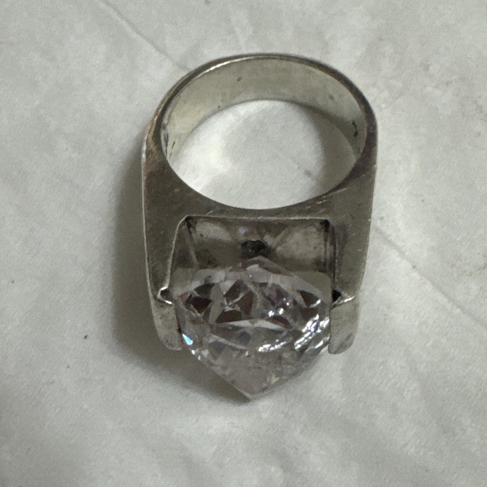 TS-90 Sterling Silver  SIGNED MASSIVE  CUBIC ZIRCONIA CHUNKY  Ring SIZE Appx 5.5